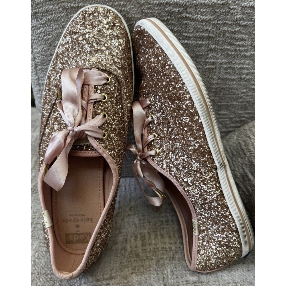 EUC Keds x Kate Spade Rose Gold Glitter Champion Sneakers Satin Ribbon W11